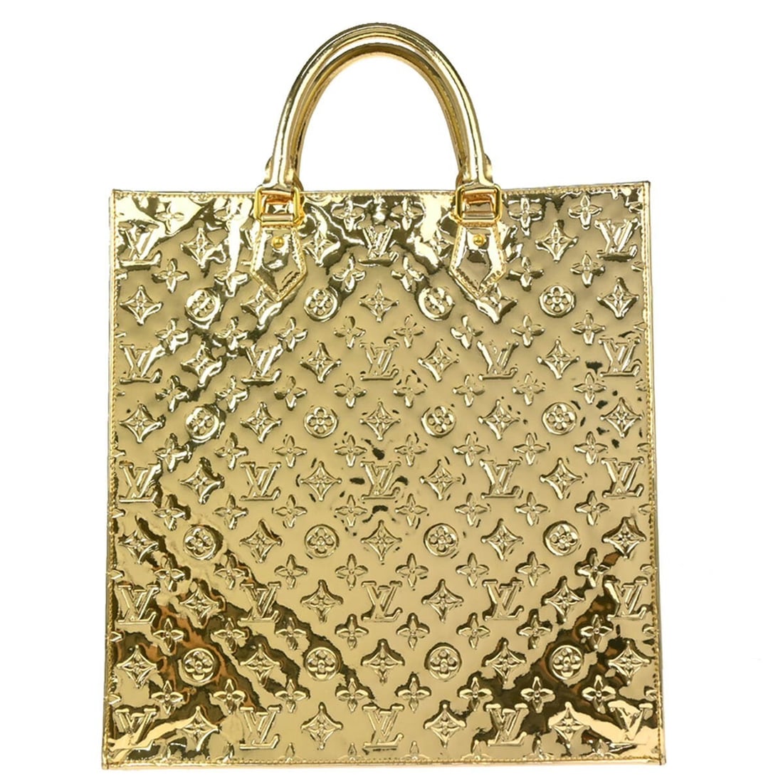 Louis Vuitton Sac Plat Gold Monogram Miroir Tote M40268: Louis Vuitton Sac Plat Gold Monogram Miroir Tote M40268 Louis Vuitton Sac Plat tote handbag in gold Monogram Miroir vinyl with leather lining and leather handles. This open-top medium bag features log