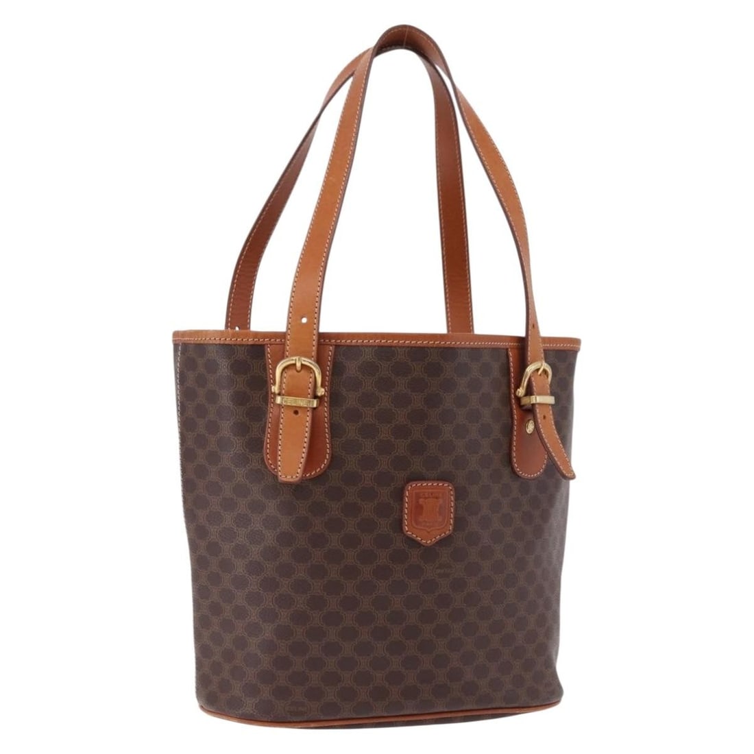 Celine Macadam Shoulder Bag Brown PVC Leather Canvas Gold Tone: Celine Macadam Shoulder Bag Brown PVC Leather Canvas Gold Tone Brown and gold shoulder bag in PVC leather and Macadam canvas. Made in Italy, it features a shoulder strap and the listed serial number M