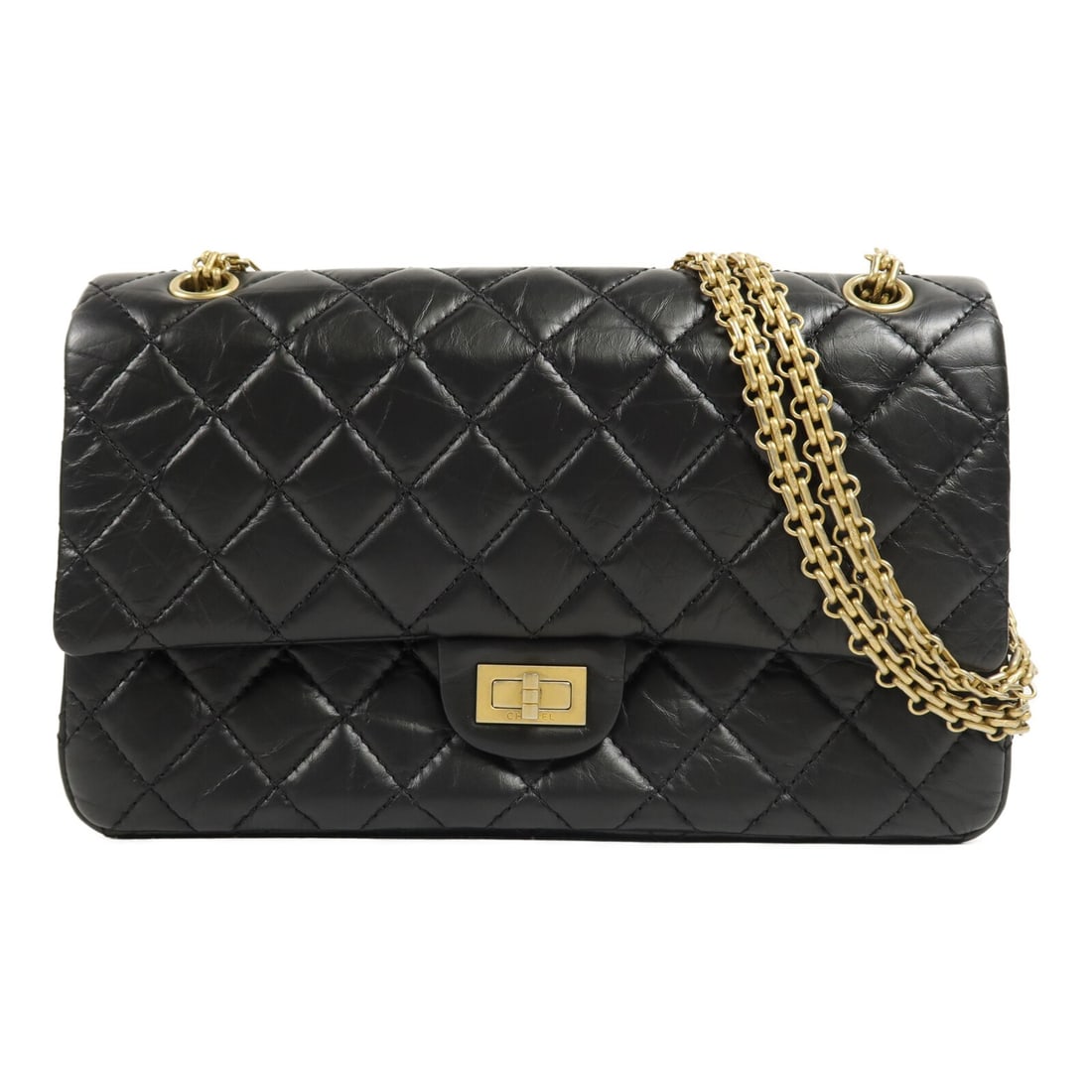 CHANEL 2.55 A37587 medium black calfskin shoulder bag: CHANEL 2.55 A37587 medium black calfskin shoulder bag Medium Chanel 2.55 shoulder bag in black calfskin leather with CC turn-lock closure and chain shoulder strap. This women's bag features an exterio