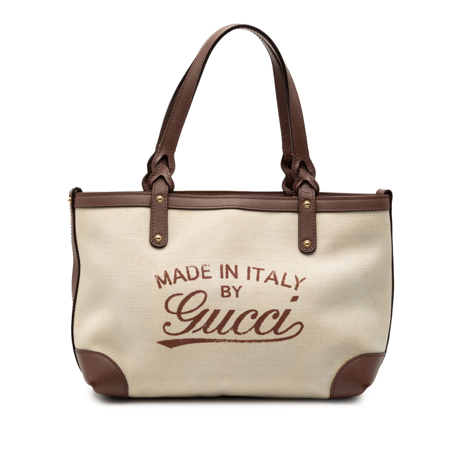 Gucci Logo Craft Small Canvas Tote Bag with Leather Trim: Gucci Logo Craft Small Canvas Tote Bag with Leather Trim This Gucci Small Canvas Logo Craft Tote features a fabric body with leather trim, flat leather straps, an open top secured by a lobster clasp c