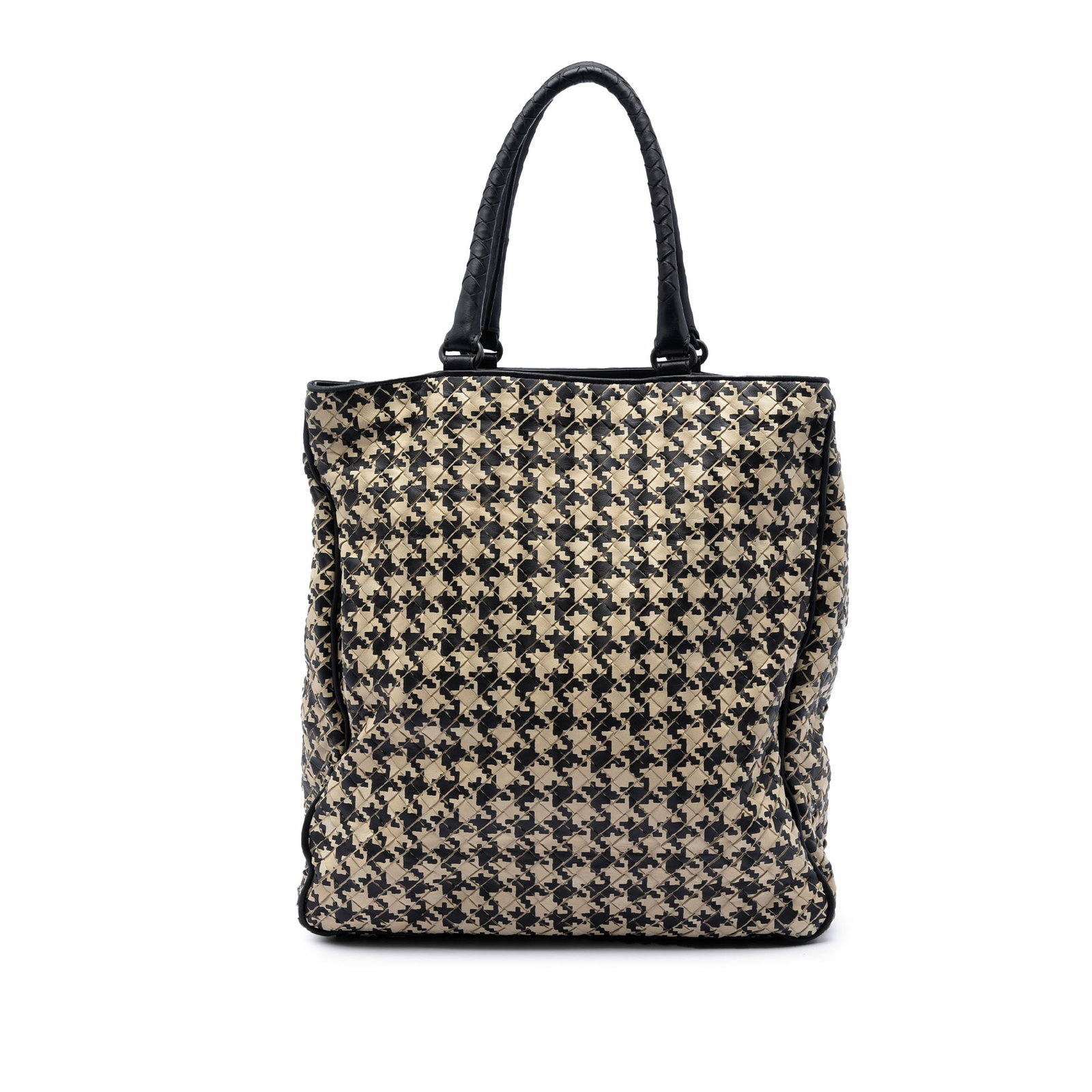 Bottega Veneta Houndstooth Vertical Tote in Nappa Intrecciato Leather: Bottega Veneta Houndstooth Vertical Tote in Nappa Intrecciato Leather Bottega Veneta Nappa Intrecciato Houndstooth Vertical Tote crafted with a woven nappa leather body, rolled leather handles, an ope
