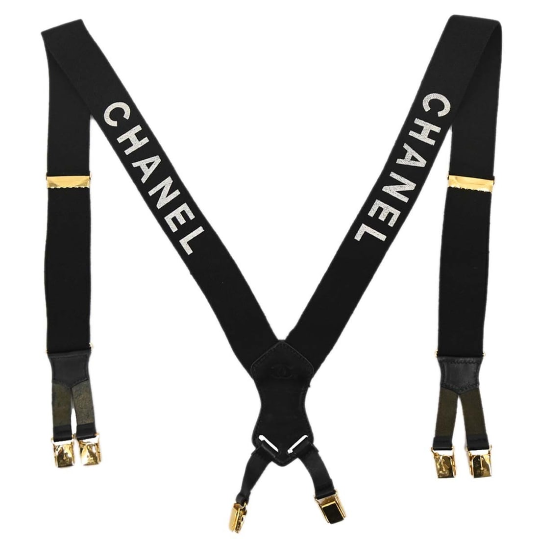 CHANEL leather suspenders black and white gold tone women: CHANEL leather suspenders black and white gold tone women Chanel black suspenders for women in very good condition. The exterior shows scuffs and scratches, and the edges also have scuffing. No access