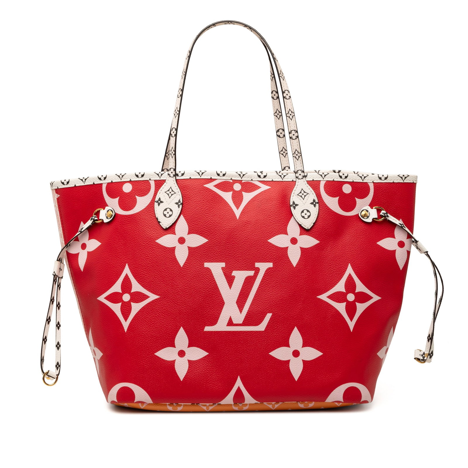 Louis Vuitton Neverfull MM Monogram Giant Tote Bag Red: Louis Vuitton Neverfull MM Monogram Giant Tote Bag Red Louis Vuitton Monogram Giant Neverfull MM tote bag in red fabric with flat handles, an open top with lobster clasp closure, an interior zip pocke