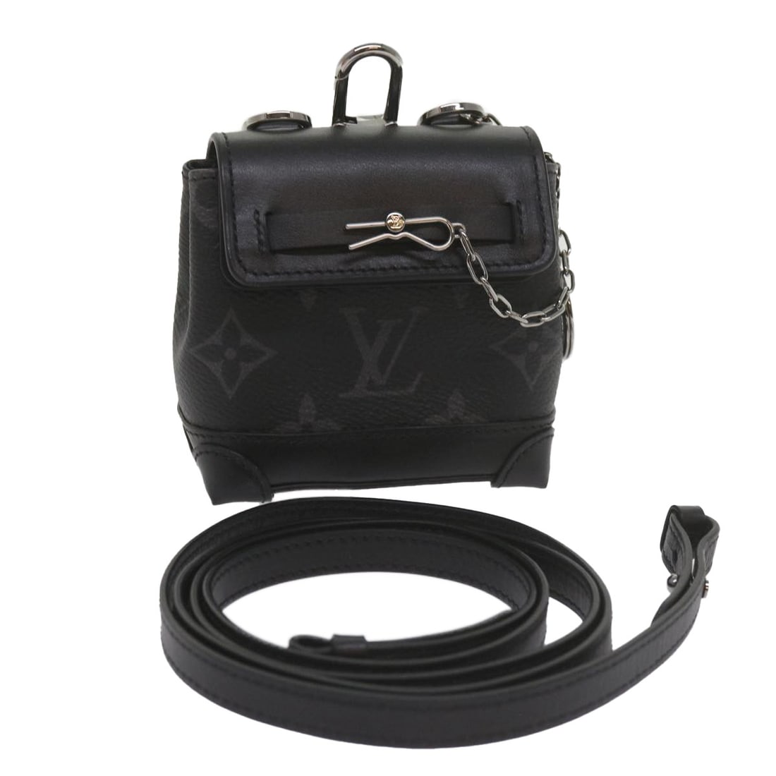 LOUIS VUITTON Monogram Eclipse Mini Steamer Pouch M00340 Italy Auth: LOUIS VUITTON Monogram Eclipse Mini Steamer Pouch M00340 Italy Auth This exquisite LOUIS VUITTON Mini Steamer Pouch in Monogram Eclipse canvas is a stylish accessory, perfect for those who appreciate 