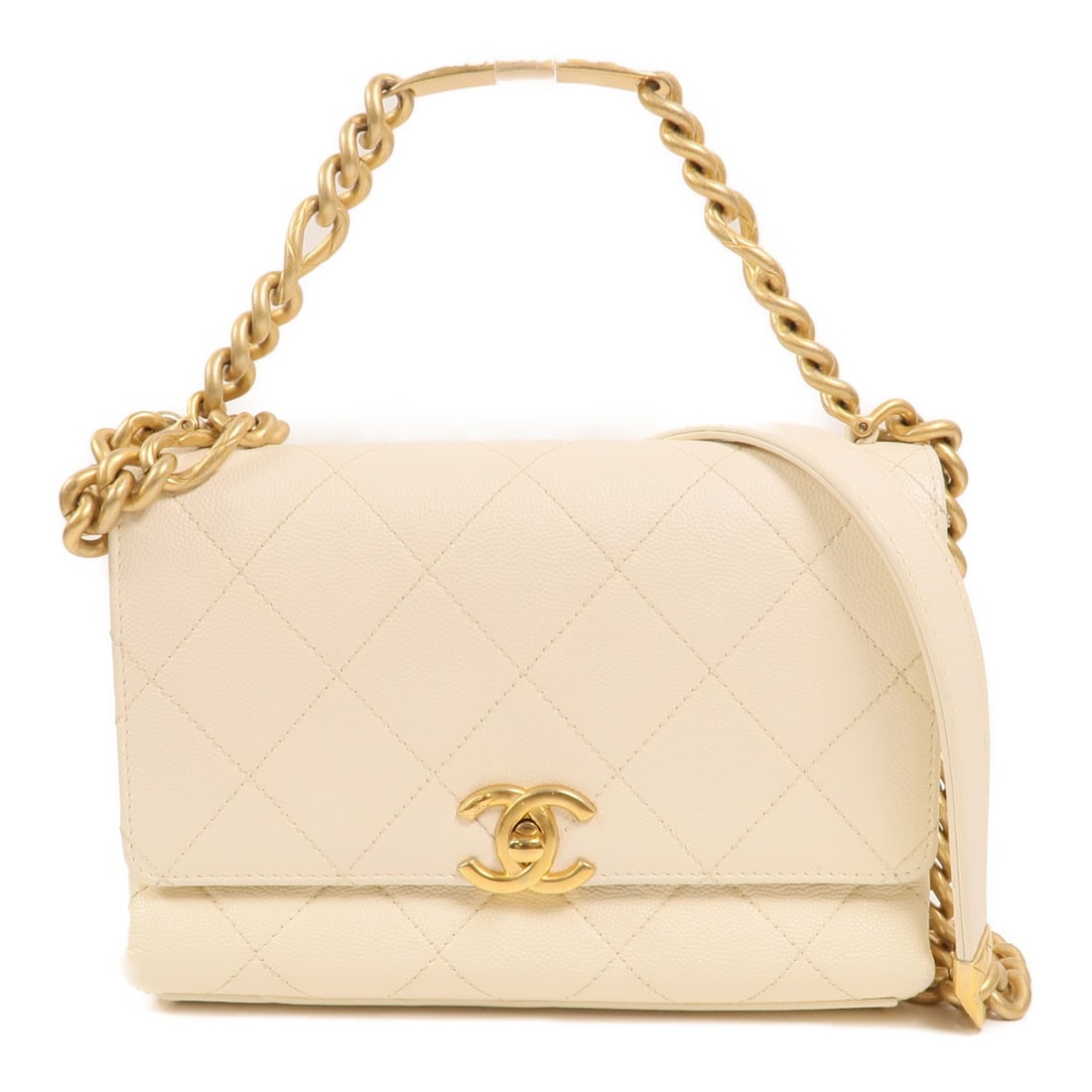 Chanel CC 2 Way White Calfskin Chain Shoulder Bag GHW: Chanel CC 2 Way White Calfskin Chain Shoulder Bag GHW A CHANEL 2-way chain shoulder bag crafted in calfskin leather in white. It features a turn lock closure, an inside zip pocket, and one open interi