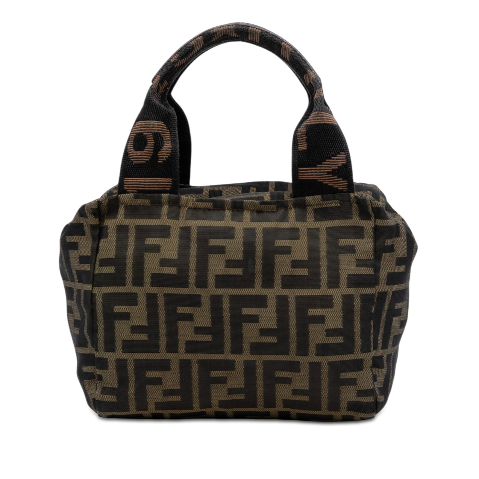 Fendi Zucca Canvas Mini Top Zip Brown Handbag: Fendi Zucca Canvas Mini Top Zip Brown Handbag This Fendi Mini Zucca Canvas Handbag features a brown fabric body with the iconic Zucca pattern, flat handles, and a top zip closure. Made in Italy, this 