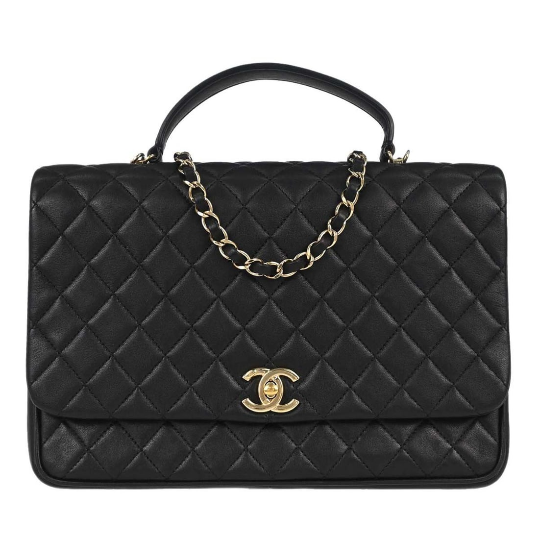 CHANEL Medium Black Lambskin Top Handle Bag with Strap: CHANEL Medium Black Lambskin Top Handle Bag with Strap Chanel 2way top handle handbag in black lambskin with a turn-lock closure and logo accent. This medium handbag features a leather lining, an inte
