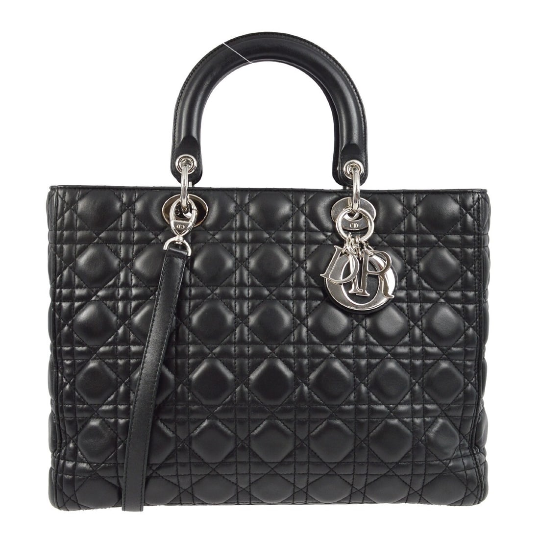 Dior Lady Dior Cannage black lambskin 2way satchel: Dior Lady Dior Cannage black lambskin 2way satchel Christian Dior Lady Dior Cannage 2-way handbag in black lambskin with quilted detailing and a structured satchel silhouette. This women's handbag fea