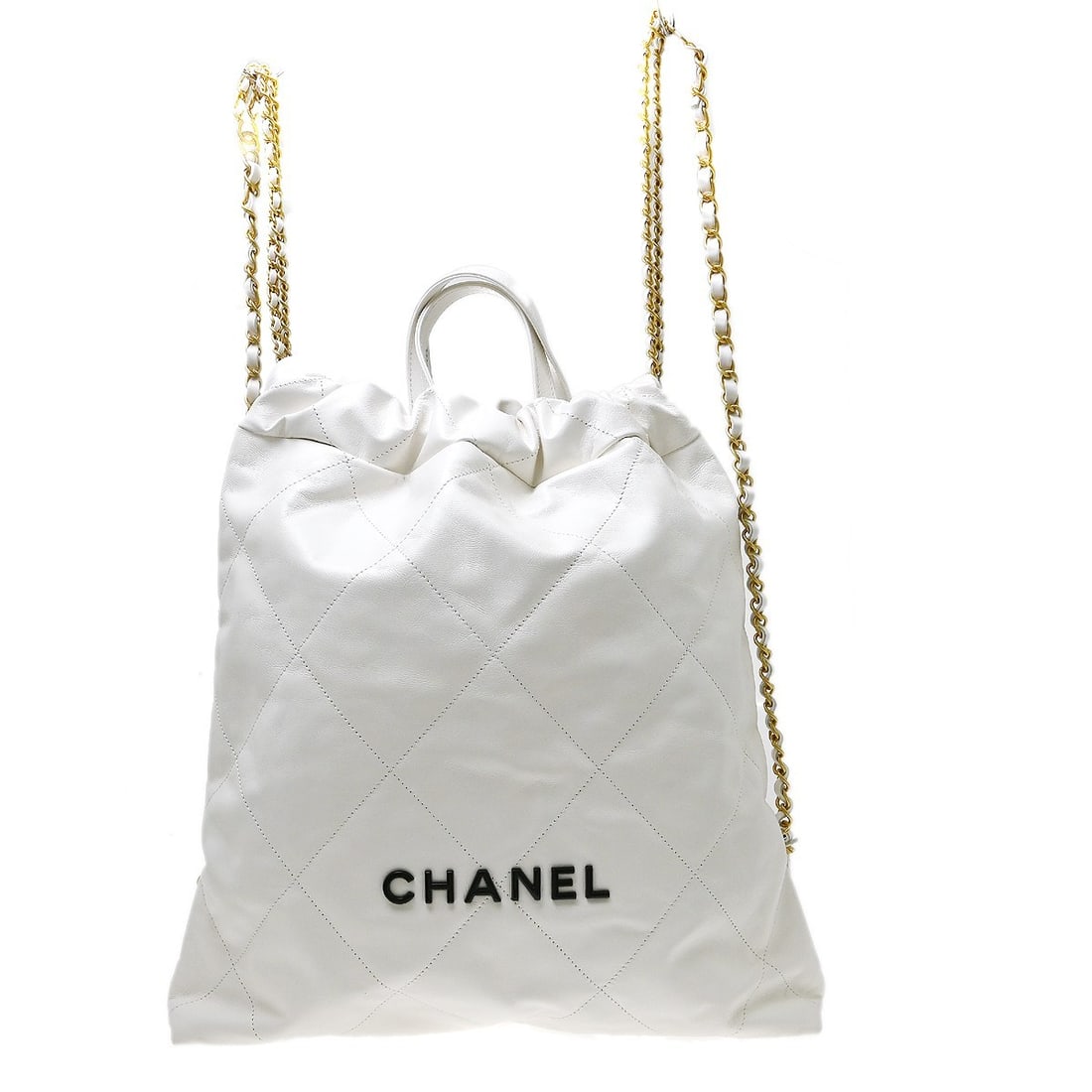 Chanel 22 Chain White Leather Quilted Handbag: Chanel 22 Chain White Leather Quilted Handbag Chanel 22 Chain quilted calfskin bag in white leather. This piece is presented in very good condition with light scratching to the exterior and moderate w