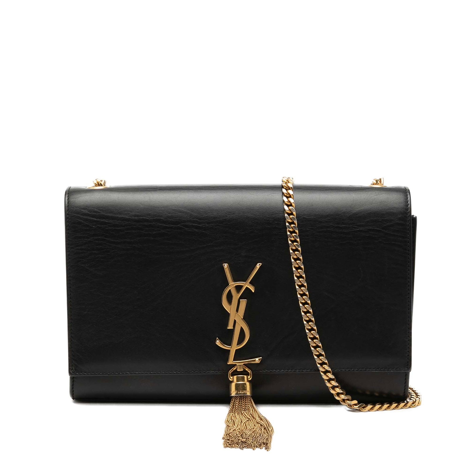 Saint Laurent Kate Medium Black Leather Tassel Crossbody Bag: Saint Laurent Kate Medium Black Leather Tassel Crossbody Bag Saint Laurent Medium Smooth Calfskin Classic Monogram Kate Tassel Crossbody in black leather with tassel detail, chain-link shoulder strap,