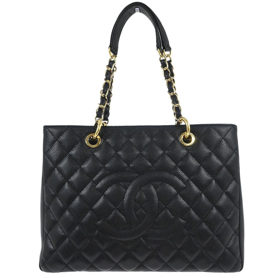 CHANEL GST Grand Shopping Tote Black Caviar Leather Chain Bag: CHANEL GST Grand Shopping Tote Black Caviar Leather Chain Bag Chanel Grand Shopping Tote GST chain handbag in black caviar skin leather. This large women's tote features double handles, logo accents, 