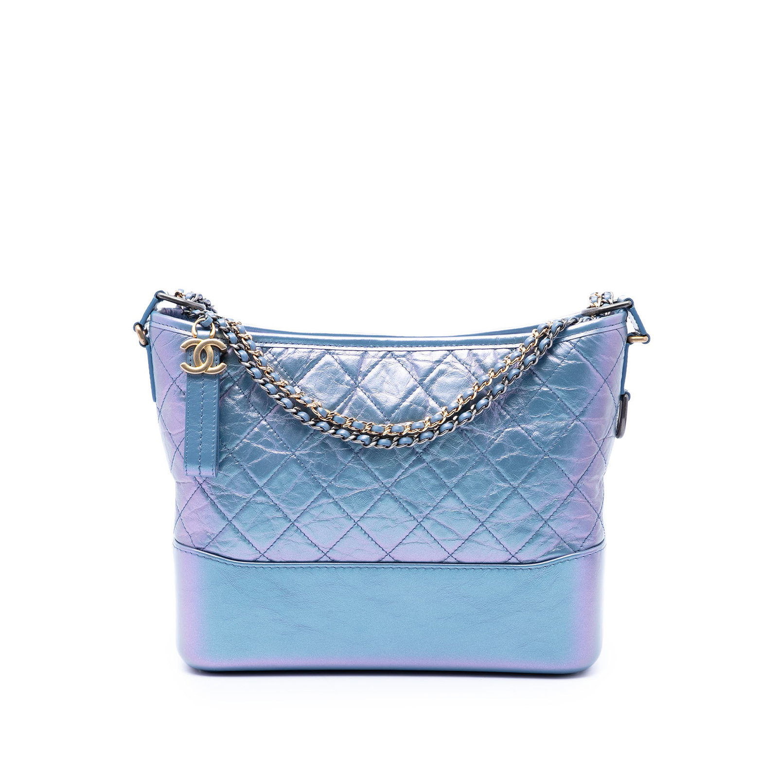 Chanel Gabrielle Medium Hobo Blue Iridescent Quilted Leather Bag: Chanel Gabrielle Medium Hobo Blue Iridescent Quilted Leather Bag Gabrielle hobo bag crafted with a quilted iridescent lambskin and calf leather body. It features a leather-woven chain, an adjustable l