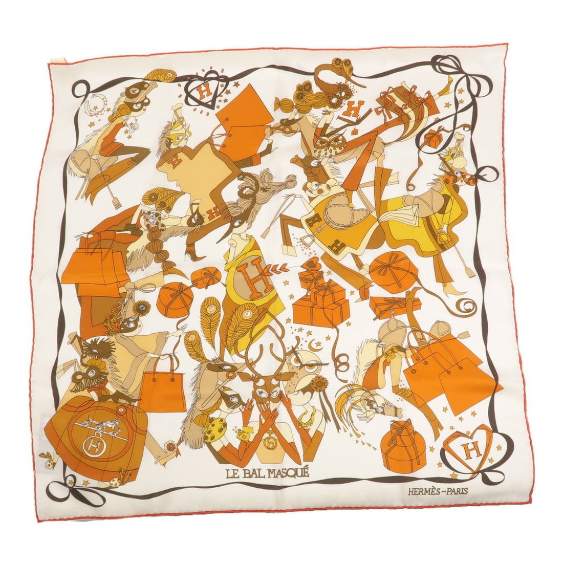 Hermes 65x65 Silk Scarf White Brown Orange with Storage Box (1 of 10)