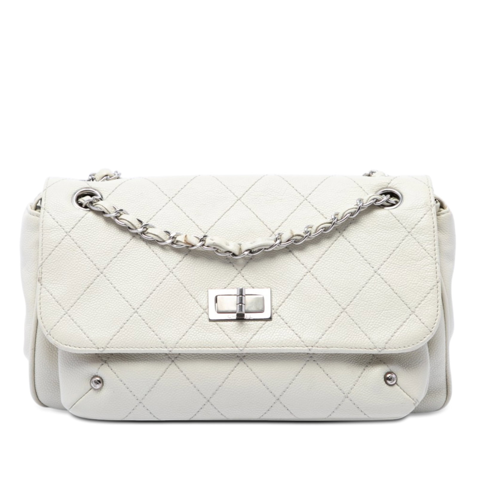 Chanel Reissue 2.55 Pocket Flap shoulder bag in white caviar leather: Chanel Reissue 2.55 Pocket Flap shoulder bag in white caviar leather Chanel Quilted Caviar Reissue 2.55 Pocket Flap shoulder bag in white quilted caviar leather. It features leather-woven chain straps
