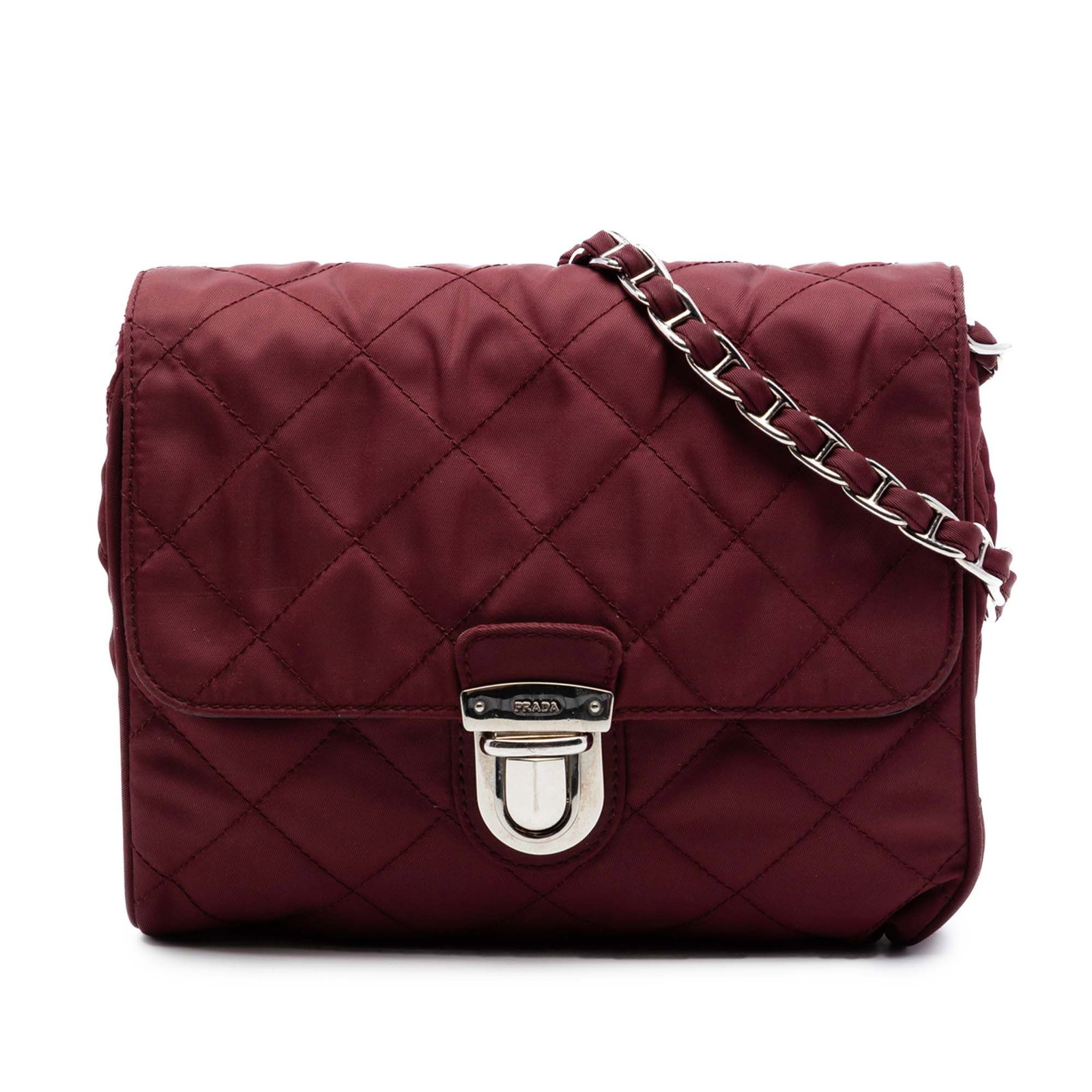 Prada Impuntu Tessuto Red Quilted Nylon Chain Bag: Prada Impuntu Tessuto Red Quilted Nylon Chain Bag This Prada Impuntu Tessuto Chain Crossbody bag features a quilted nylon exterior in red, complemented by a fabric-woven chain link shoulder strap and