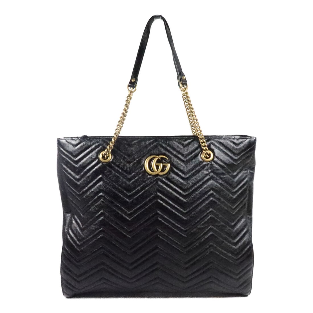 GUCCI GG Marmont Black Calfskin Tote 524576 with GG Hardware: GUCCI GG Marmont Black Calfskin Tote 524576 with GG Hardware Gucci GG Marmont tote bag in black calfskin leather with GG hardware. This women's tote features an open interior with one open pocket and 