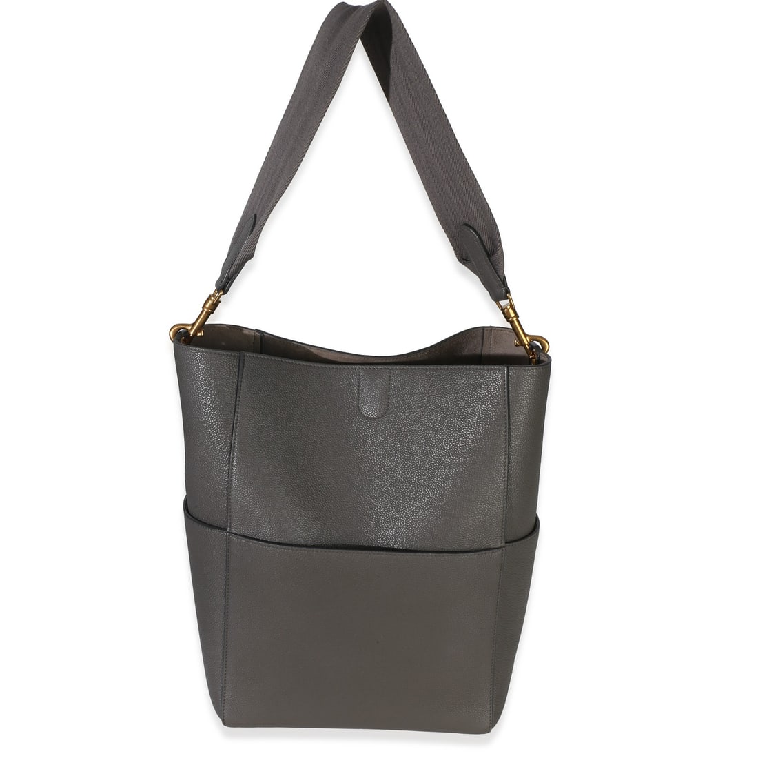 Celine Medium Sangle gray leather bucket handbag: Celine Medium Sangle gray leather bucket handbag Pre-owned Celine Medium Sangle bucket bag in gray soft grained calfskin. This unisex design features a suede-lined interior, gold-tone hardware, and a 
