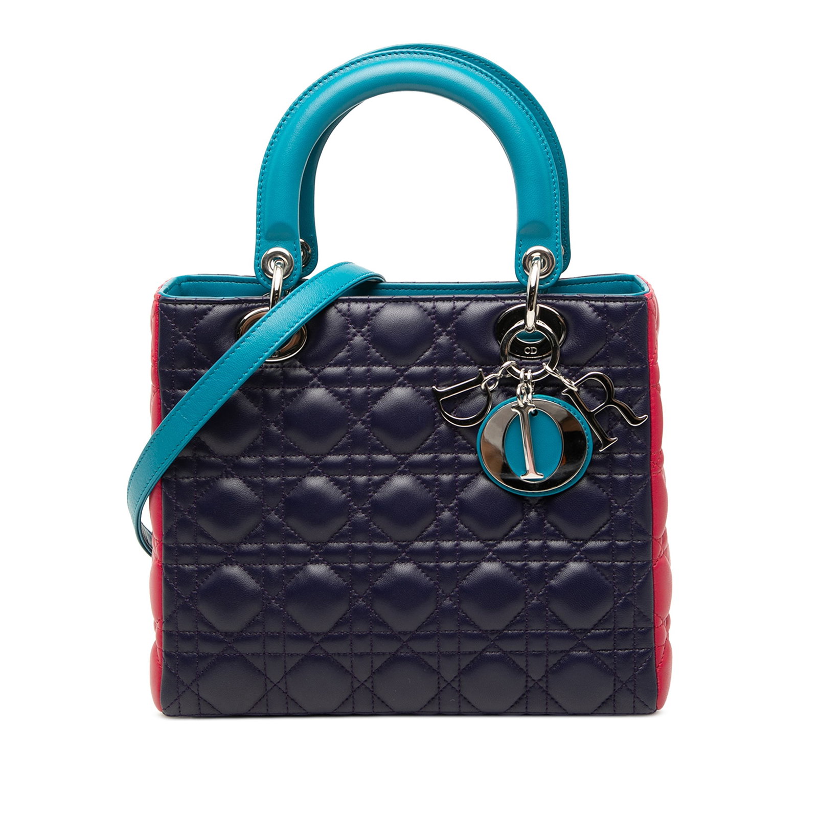 Dior Lady Dior Medium Tricolor Cannage Lambskin Satchel: Dior Lady Dior Medium Tricolor Cannage Lambskin Satchel Medium Lady Dior satchel in tricolor quilted lambskin leather with Cannage detailing. This bag features flat leather handles, a detachable flat 