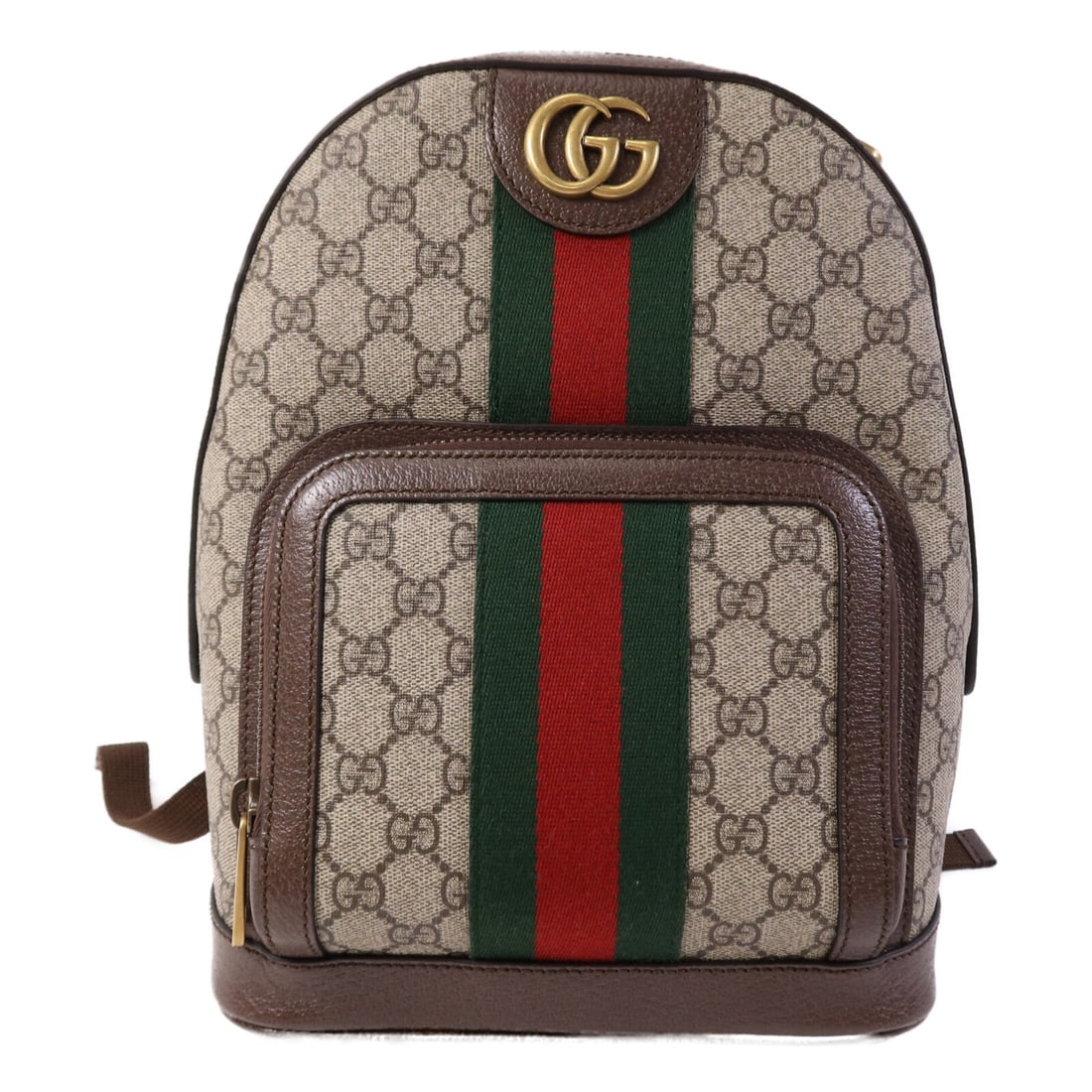Gucci Ophidia 547965 backpack in brown coated canvas: Gucci Ophidia 547965 backpack in brown coated canvas A Gucci Ophidia backpack in brown PVC coated canvas with gold-tone hardware. It features a top handle, adjustable shoulder straps, and multiple zip