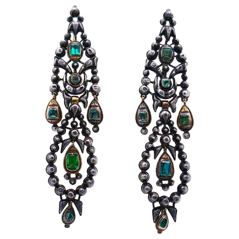 19th Century Spanish Chandelier Earrings 14k Yellow Gold and Silver: 19th Century Spanish Chandelier Earrings 14k Yellow Gold and Silver Antique Iberian chandelier earrings from 19th century Spain, crafted in tested 14k yellow gold with silver topping. These dramatic e