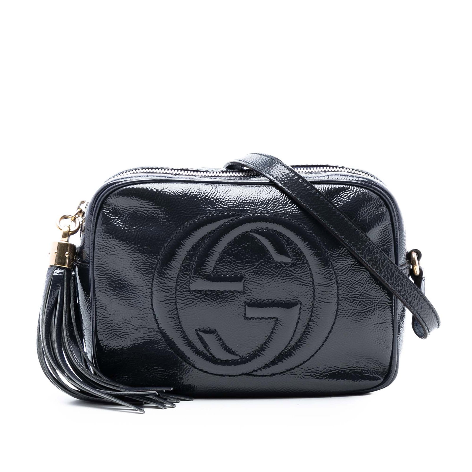 Gucci Soho Disco Blue Patent Leather Crossbody Bag with Tassel Accent: Gucci Soho Disco Blue Patent Leather Crossbody Bag with Tassel Accent This Gucci Patent Soho Disco Crossbody features a blue patent leather body with a distinctive tassel detail and an adjustable flat
