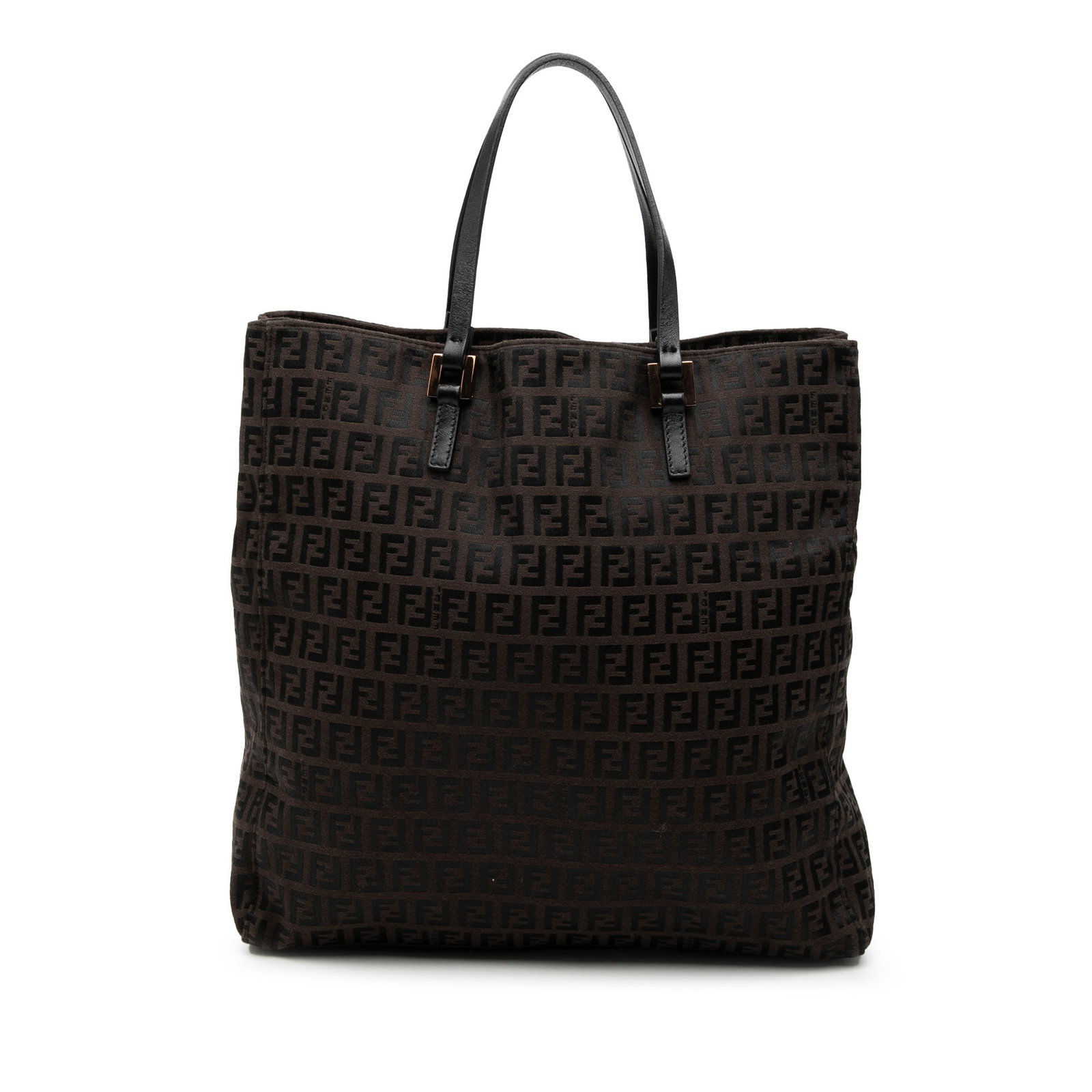 Brown Zucchino Pattern Canvas Tote Bag with Leather Handles by Fendi: Brown Zucchino Pattern Canvas Tote Bag with Leather Handles by Fendi This Fendi Zucchino Canvas Tote features a signature canvas body with brown coloring, flat leather handles, an open top design, and