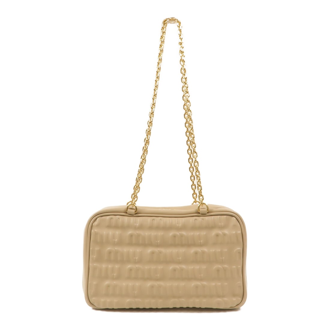 Miu Miu 5BB114 Softy chain shoulder bag in beige calfskin: Miu Miu 5BB114 Softy chain shoulder bag in beige calfskin Miu Miu Softy Logo chain shoulder bag in beige calfskin leather. This women's shoulder bag features a chain strap, an interior open pocket, an