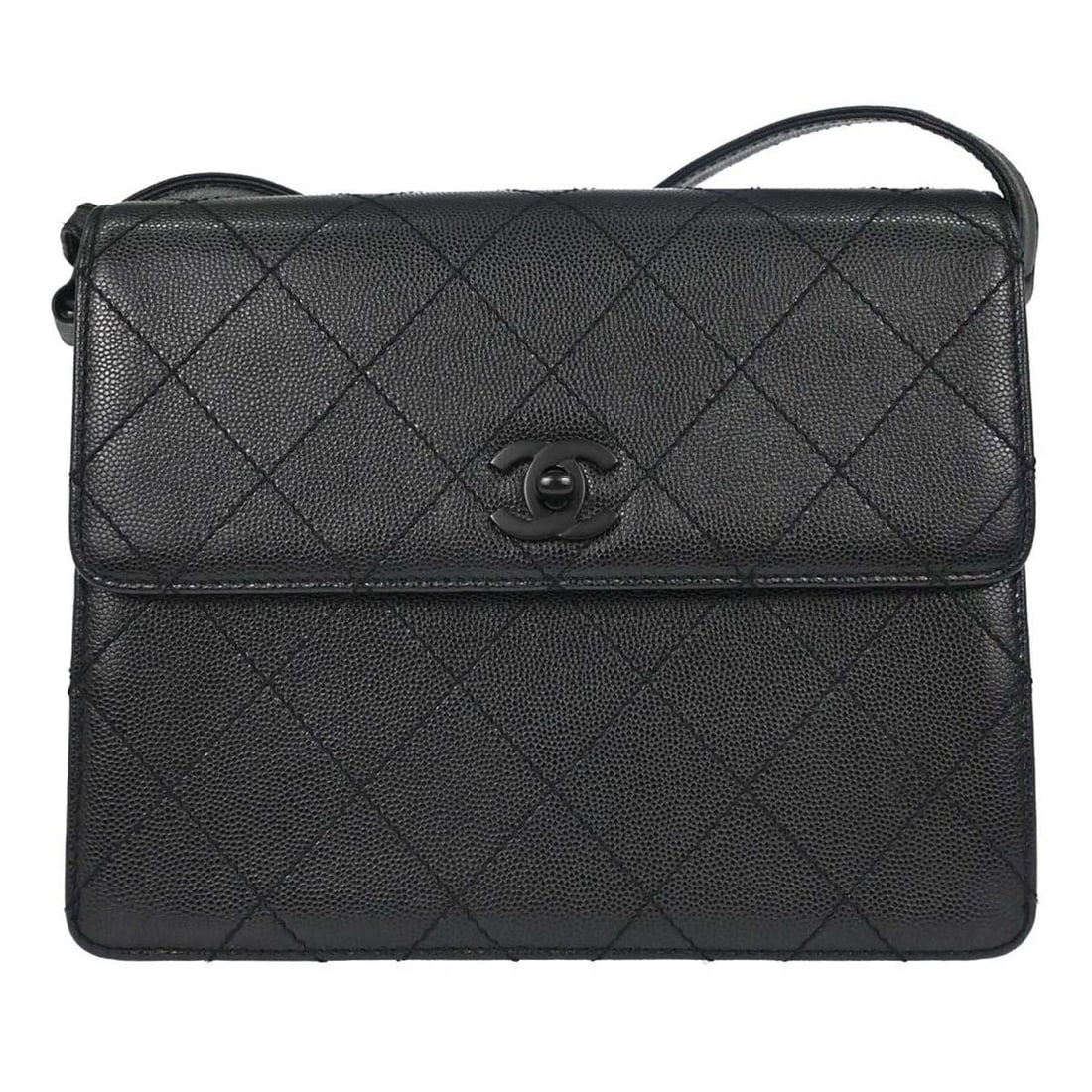 CHANEL Caviar Skin Leather Shoulder Bag Black Medium: CHANEL Caviar Skin Leather Shoulder Bag Black Medium Chanel shoulder bag in black caviar skin leather, made in France. It features a shoulder strap, one exterior pocket, and interior zipper pocket and