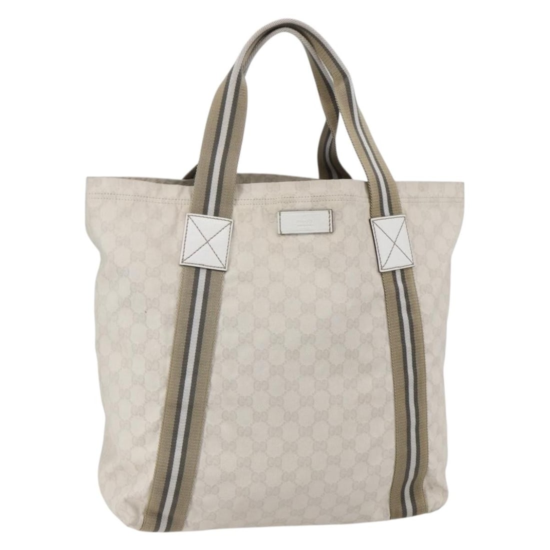 Gucci Original Web Tote Beige Canvas Bag with White Leather: Gucci Original Web Tote Beige Canvas Bag with White Leather This Gucci Original Web Tote is a beige canvas bag designed for women. It features leather accents and metal fittings. The bag is pre-owned 