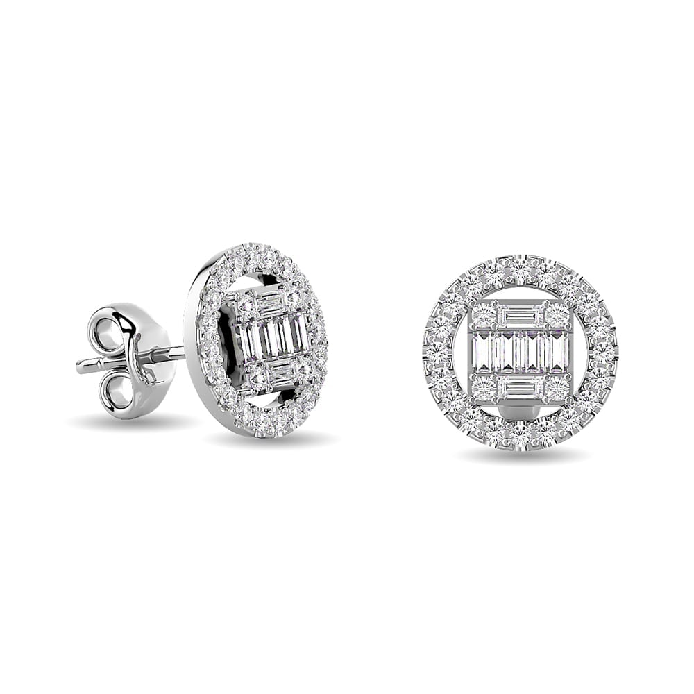 Diamond 3/8 Ct.Tw. Round and Baguette Fashion Earrings in 14K White Gold: Diamond 3/8 Ct.Tw. Round and Baguette Fashion Earrings in 14K White Gold 14k White Gold Stone Color: G-h Stone Clarity: Si2 This item may take 2-5 weeks for shipping. PLEASE NOTE: Framed, Large, or he