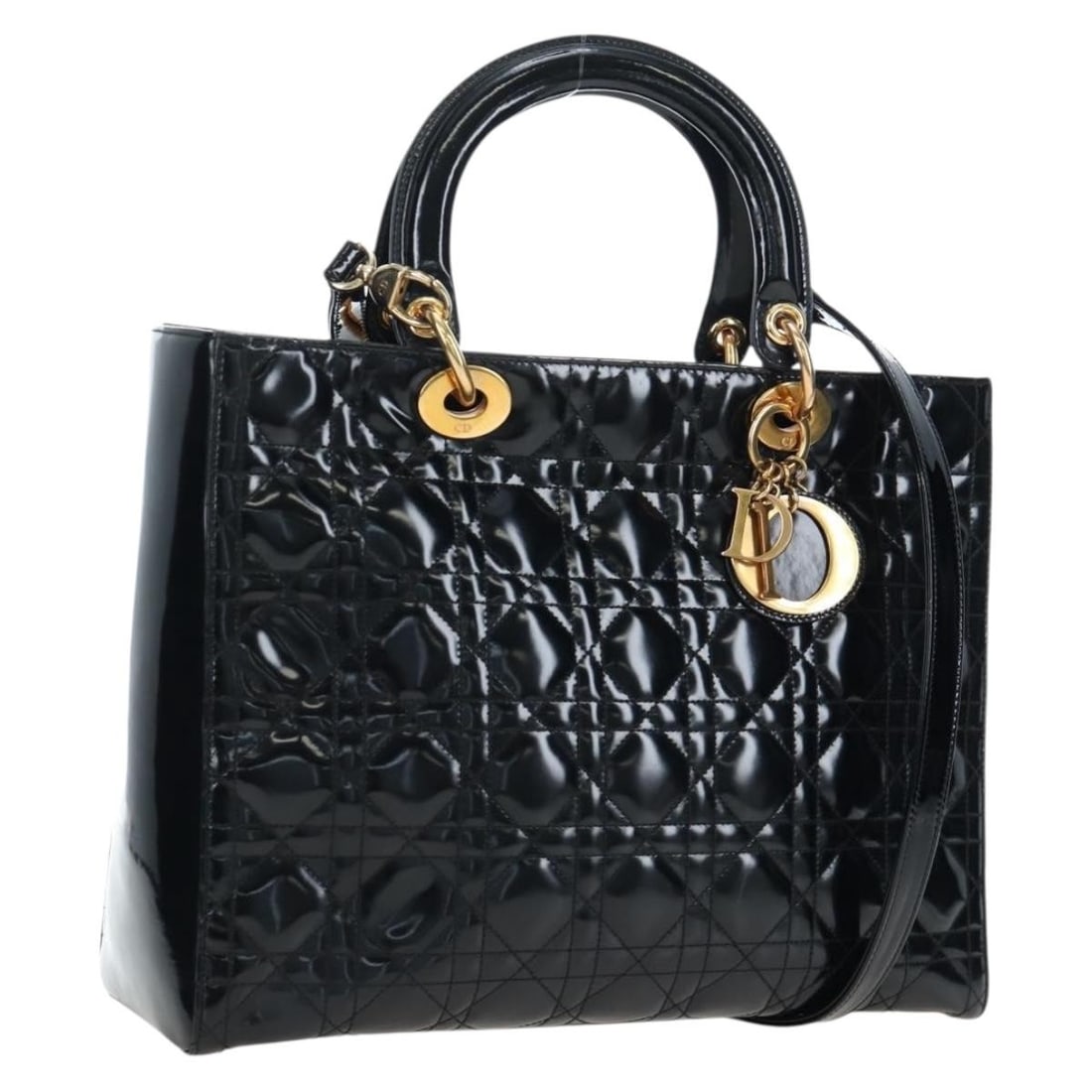 Christian Dior Lady Dior black enamel 2 way handbag with strap: Christian Dior Lady Dior black enamel 2 way handbag with strap Christian Dior Lady Dior 2-way handbag in black enamel with gold-tone accents. Made in Italy, this women's handbag includes a shoulder st