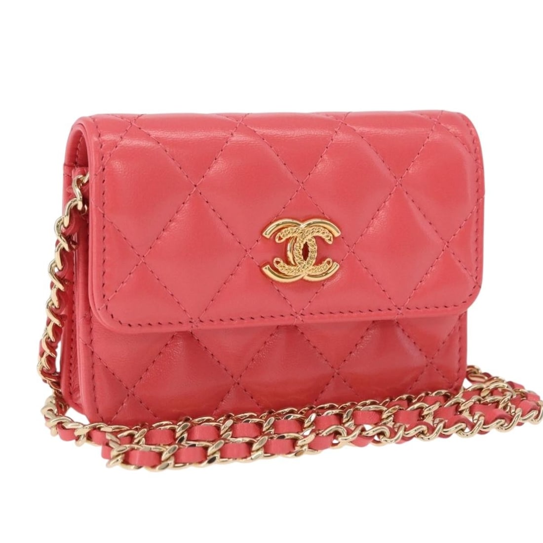 CHANEL Mini Matelasse Leather Shoulder Bag Pink Gold Tone CC: CHANEL Mini Matelasse Leather Shoulder Bag Pink Gold Tone CC Chanel Mini Matelasse 12 chain shoulder bag in pink leather with gold-tone CC detailing. Made in Italy, this women's shoulder bag includes 