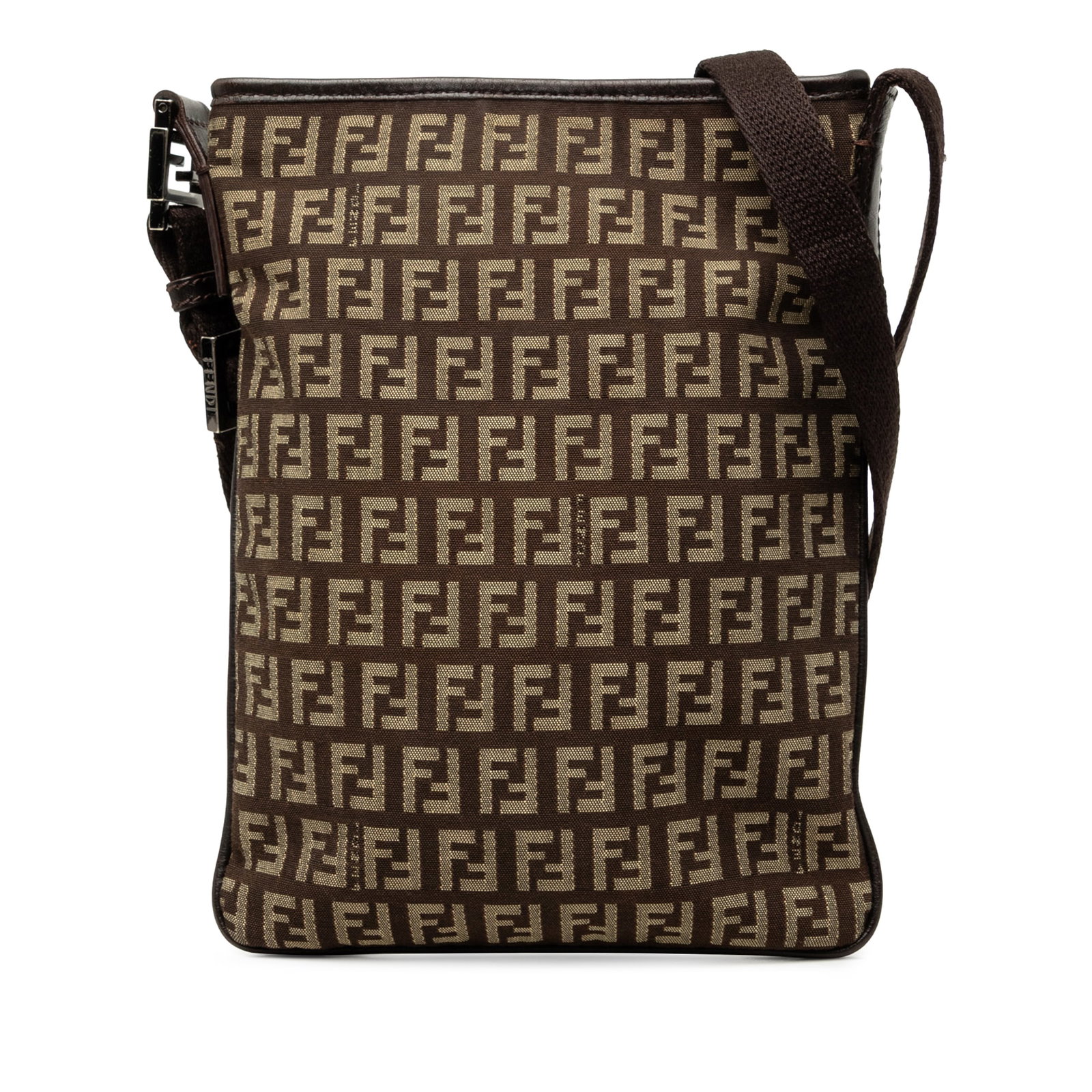 Fendi Zucchino Brown Canvas Crossbody Bag Leather Trim: Fendi Zucchino Brown Canvas Crossbody Bag Leather Trim Fendi Zucchino canvas crossbody bag with leather trim and an adjustable flat leather strap. The bag features a top zip closure and interior slip 