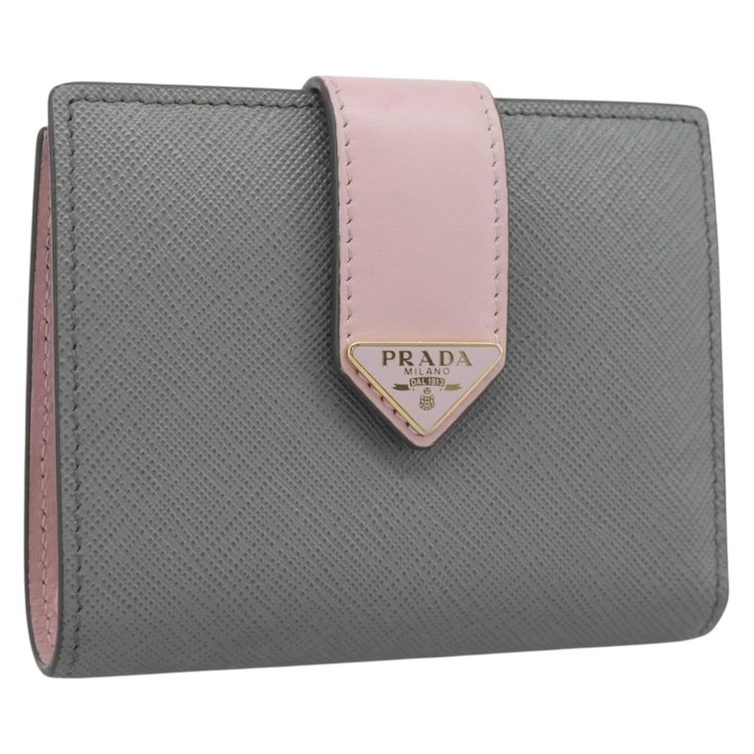 PRADA Saffiano Leather Bifold Wallet Gray Gold Womens: PRADA Saffiano Leather Bifold Wallet Gray Gold Womens Authentic Prada bifold wallet crafted in gray Saffiano leather with gold-tone detailing. Made in Italy, this women's wallet includes the dust bag 