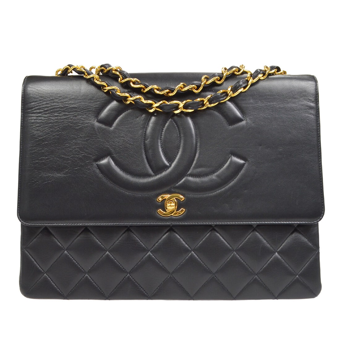 Chanel Jumbo CC Double Chain Shoulder Bag Black Lambskin: Chanel Jumbo CC Double Chain Shoulder Bag Black Lambskin Chanel Classic Flap Maxi chain shoulder bag in black lambskin leather with a matelasse quilted exterior and turn-lock closure. This large shoul