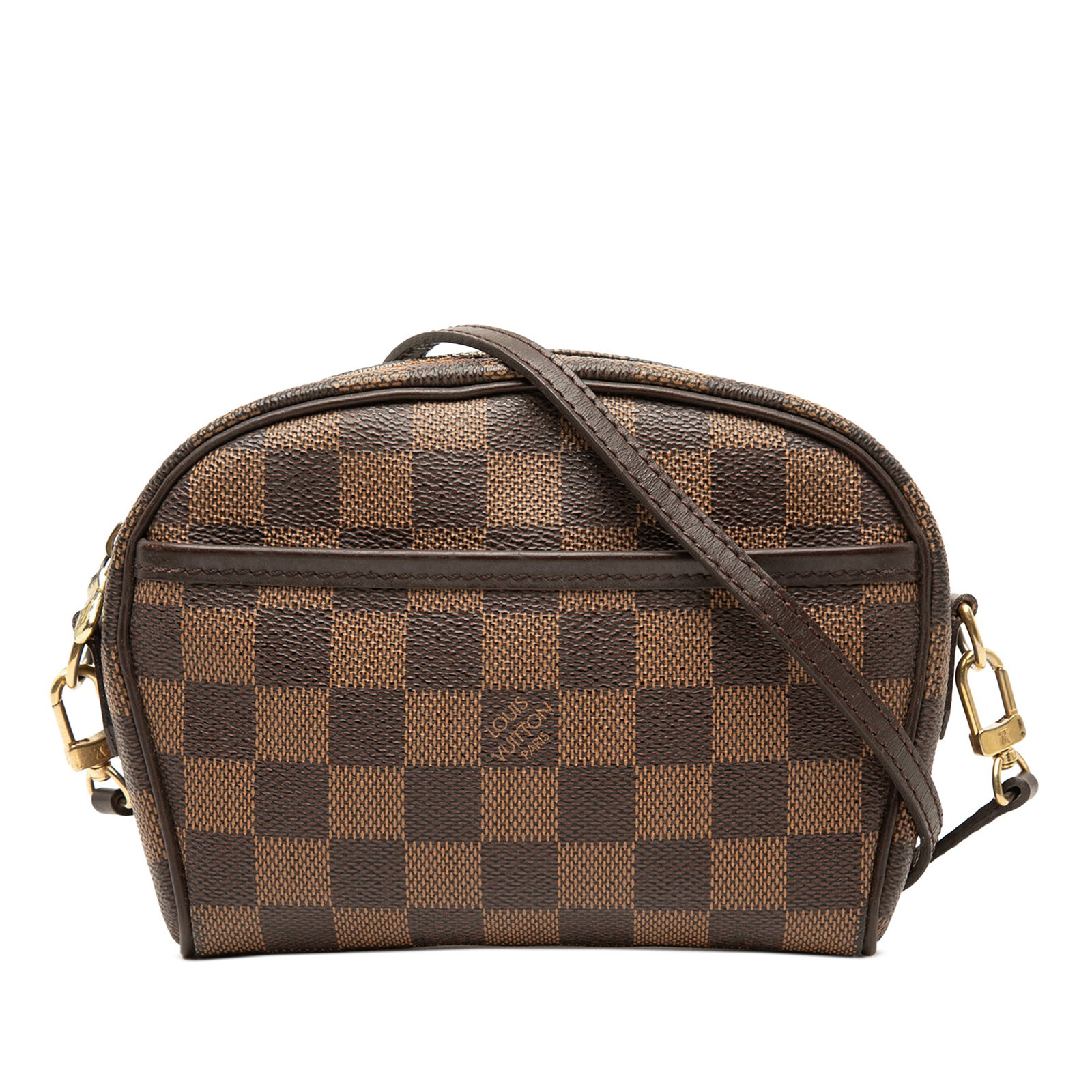 Louis Vuitton Ipanema Pochette Damier Ebene Crossbody Bag: Louis Vuitton Ipanema Pochette Damier Ebene Crossbody Bag Louis Vuitton Damier Ebene Ipanema Pochette crafted with a Damier Ebene canvas body, featuring an exterior front slip pocket, a flat leather s