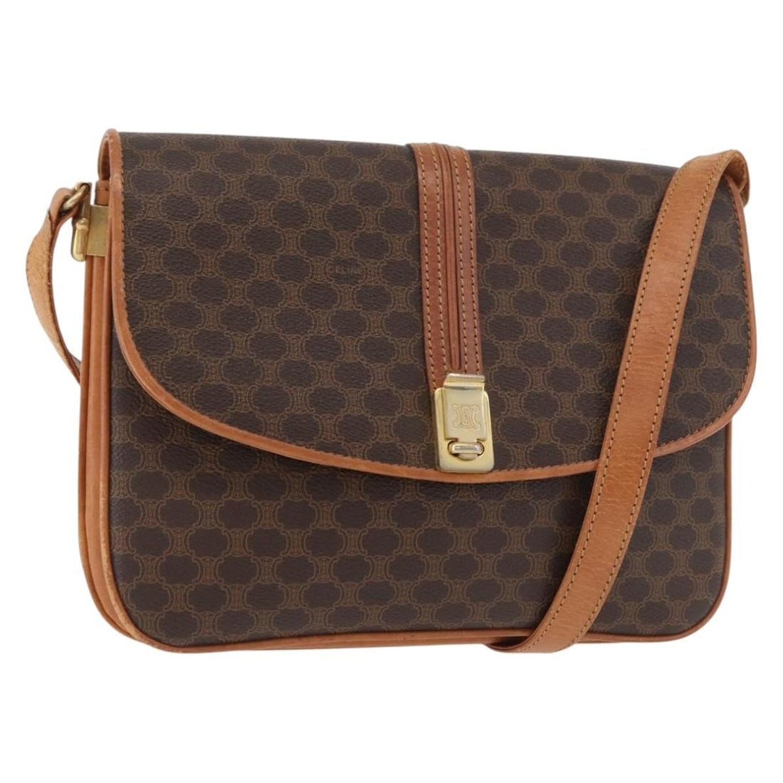 CELINE Macadam Shoulder Bag Brown PVC Leather Gold Tone: CELINE Macadam Shoulder Bag Brown PVC Leather Gold Tone CELINE Macadam Canvas shoulder bag in brown and gold, made in Italy from PVC leather and Macadam canvas. It features a shoulder strap with an ap
