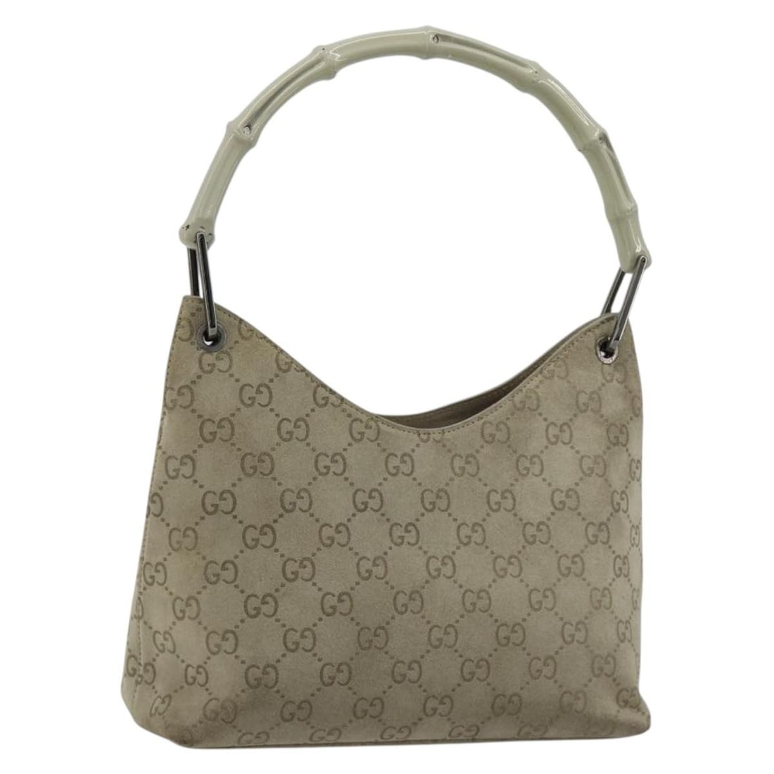 Gucci Bamboo Suede GG Canvas Shoulder Bag Gray Silver 001 2058 3008: Gucci Bamboo Suede GG Canvas Shoulder Bag Gray Silver 001 2058 3008 This Gucci shoulder bag is crafted in suede with GG canvas accents and presented in a gray and silver colorway. Made in Italy, it fe