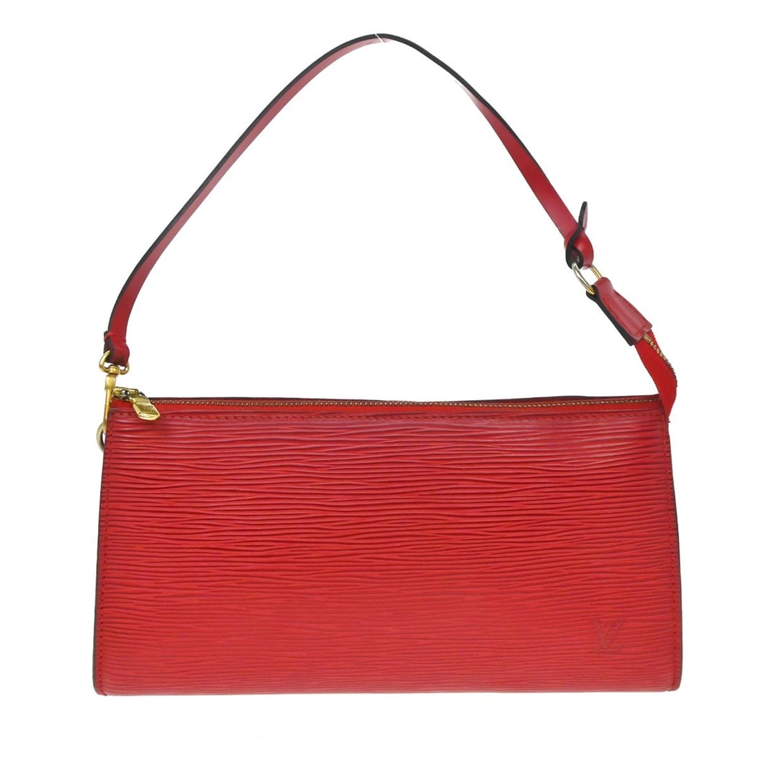 Louis Vuitton Pochette Accessoires 24 Epi Red Clutch Bag M52947: Louis Vuitton Pochette Accessoires 24 Epi Red Clutch Bag M52947 Vintage Louis Vuitton Pochette Accessoires 24 in Castilian red Epi leather. This women's handbag features a zip closure, top handle, Alc