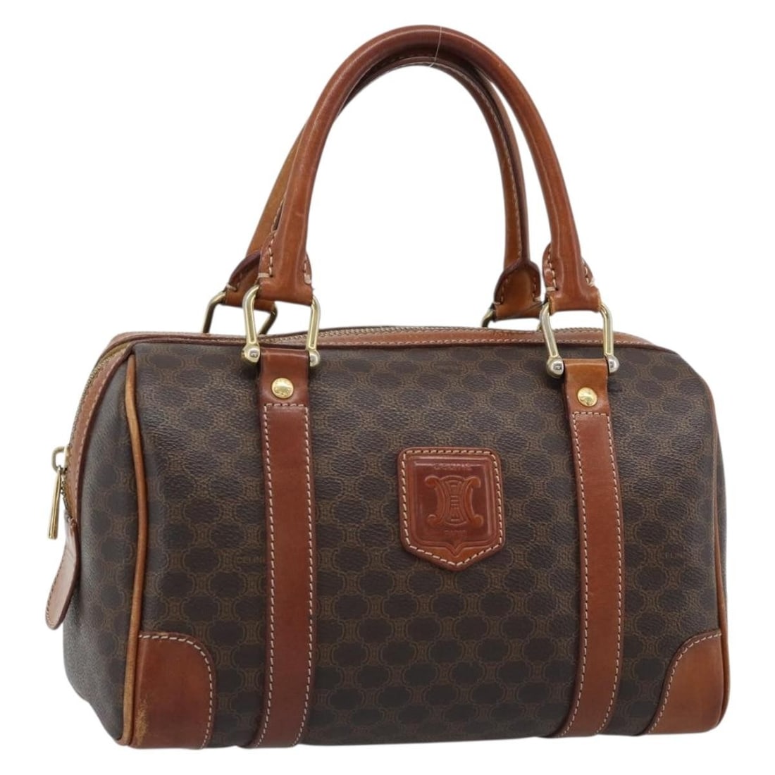 CELINE Macadam Canvas PVC Leather Handbag Brown Gold Tone: CELINE Macadam Canvas PVC Leather Handbag Brown Gold Tone CELINE Macadam Canvas hand bag in brown and gold PVC leather, made in Italy. The bag features a handle drop of approximately 3.9 inches (10 cm