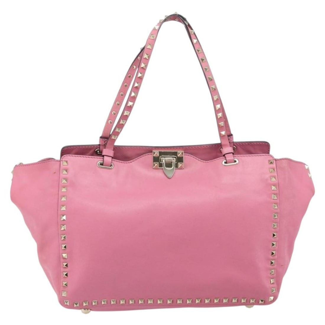Pink Rockstud Tote Bag by Valentino Garavani Soft Leather 32cm: Pink Rockstud Tote Bag by Valentino Garavani Soft Leather 32cm This Valentino Garavani Rockstud Tote is crafted from soft pink leather and features signature stud detailing. Designed for women, the to