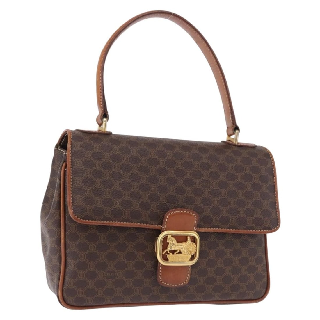 CELINE Macadam Brown PVC Leather Handbag Gold Tone Italy: CELINE Macadam Brown PVC Leather Handbag Gold Tone Italy Celine Macadam canvas hand bag in brown with gold-tone accents, made in Italy. This women's bag includes the item only; box and dust bag are no