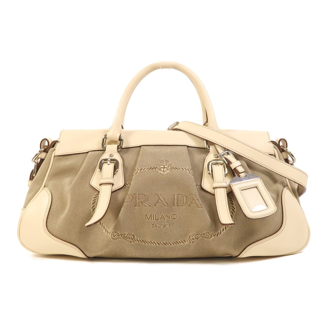 PRADA BN1275 2 Way Shoulder Bag Beige Canvas Calfskin Leather (1 of 18)