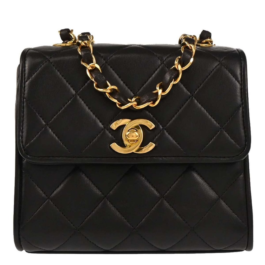 CHANEL Classic Flap small black lambskin chain shoulder bag: CHANEL Classic Flap small black lambskin chain shoulder bag Chanel black lambskin shoulder bag with a matelasse quilted exterior and flap turnlock closure. This small bag features a leather-lined inte