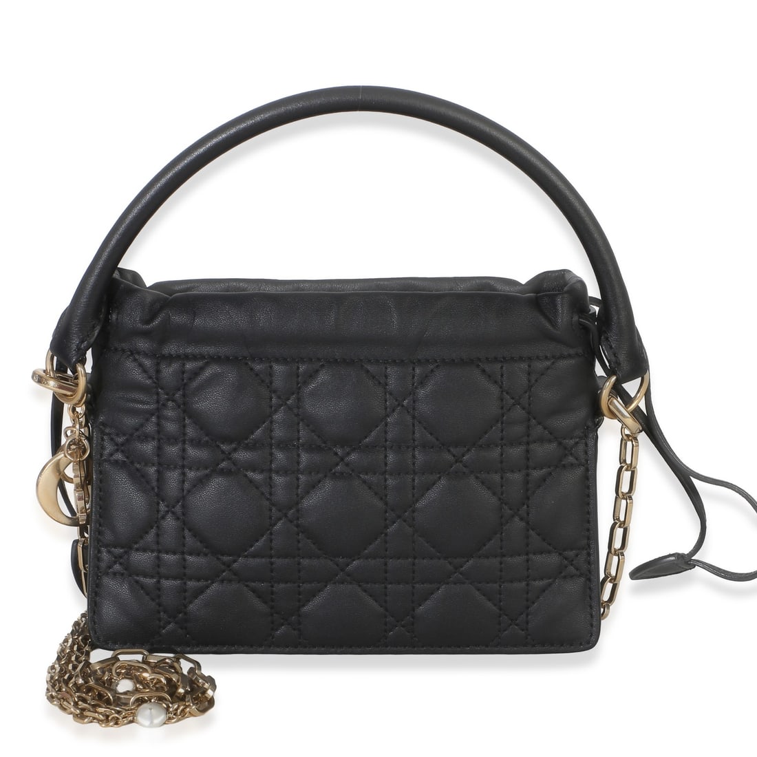 Christian Dior Milly Mini black leather drawstring crossbody bag: Christian Dior Milly Mini black leather drawstring crossbody bag Christian Dior Milly Mini drawstring bag in black lambskin with the signature Cannage design. This pre-owned bag features a versatile s