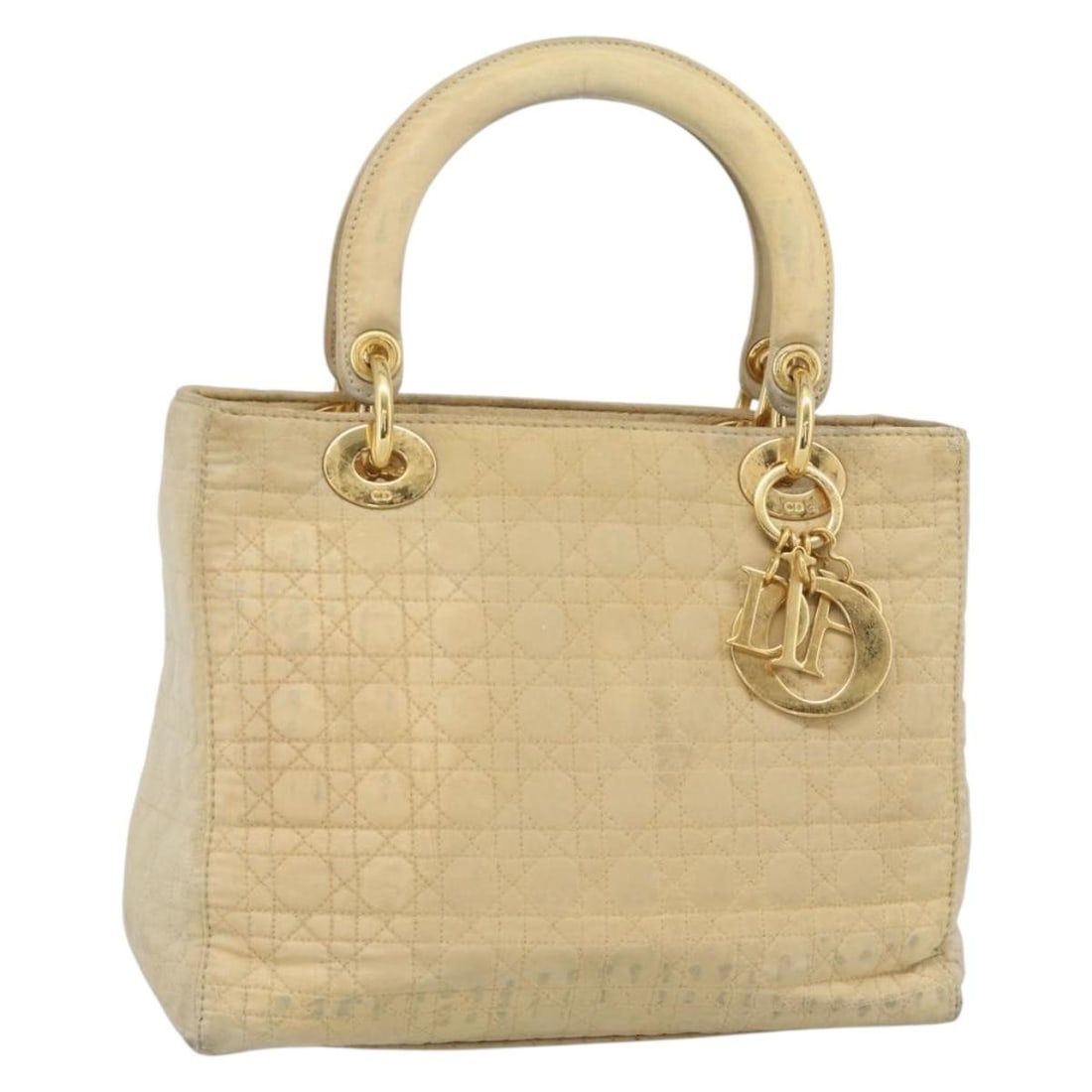 Christian Dior beige canvas hand bag with charm gold tone: Christian Dior beige canvas hand bag with charm gold tone Christian Dior Cannage handbag in beige and gold canvas with charm accessory. Made in Italy for women. This heavily used bag shows notable wea
