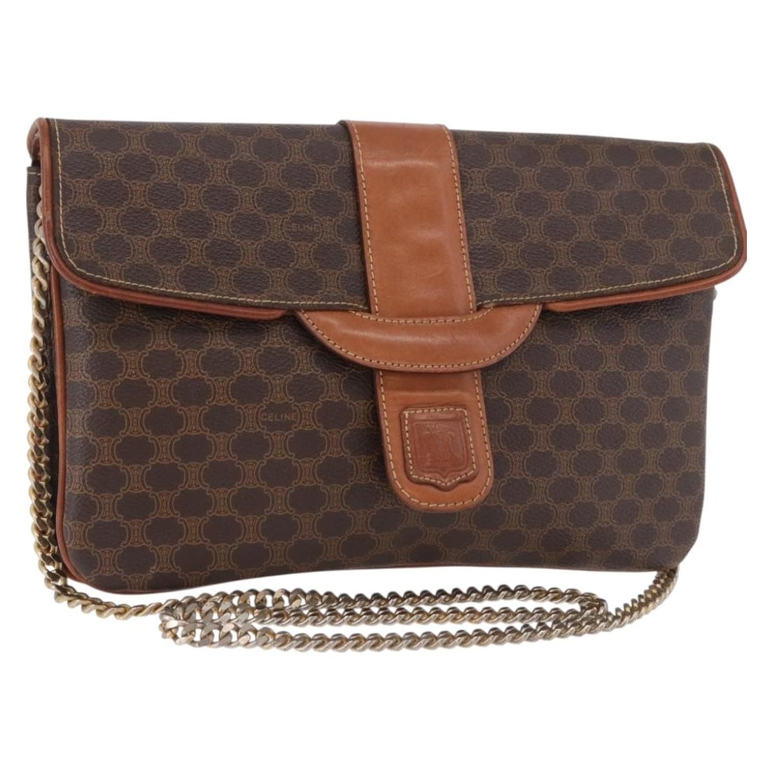 CELINE Macadam Chain Shoulder Bag Brown PVC Leather Canvas: CELINE Macadam Chain Shoulder Bag Brown PVC Leather Canvas Celine shoulder bag in brown Macadam canvas with PVC leather trim and gold-tone detailing. Made in Italy, this women's bag has a slim profile