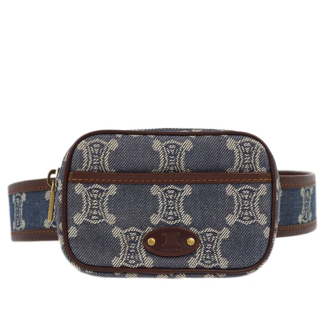 CELINE Macadam blue denim bum bag with belt: CELINE Macadam blue denim bum bag with belt Celine Macadam belt bum bag in blue denim canvas with brown leather trim and logo accents. This women's casual bag features a zip closure and an exterior po