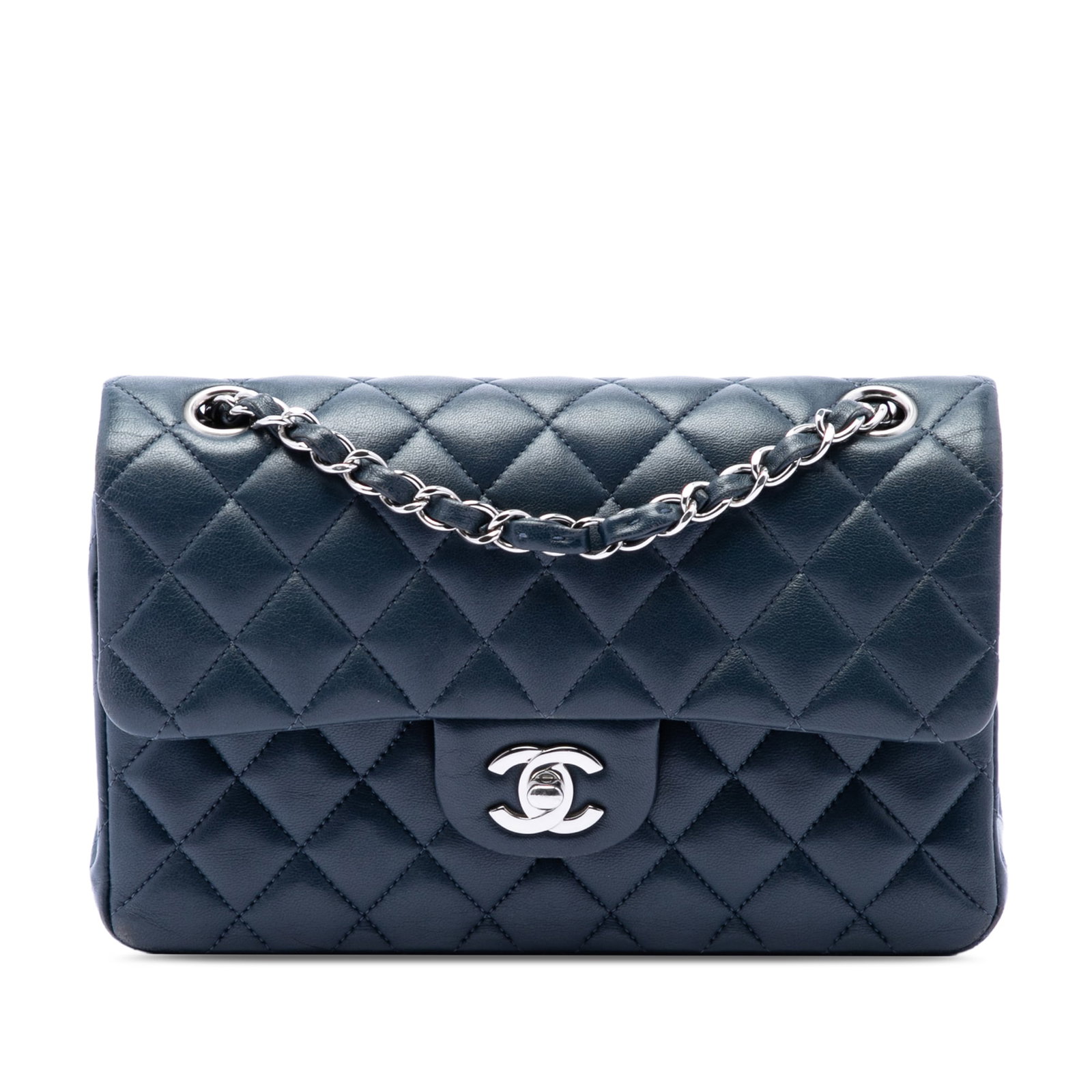 Chanel Small Classic Blue Lambskin Flap Bag: Chanel Small Classic Blue Lambskin Flap Bag This Chanel Small Classic Lambskin Double Flap bag showcases a timeless quilted lambskin leather exterior in blue, complemented by leather-woven chain shoul