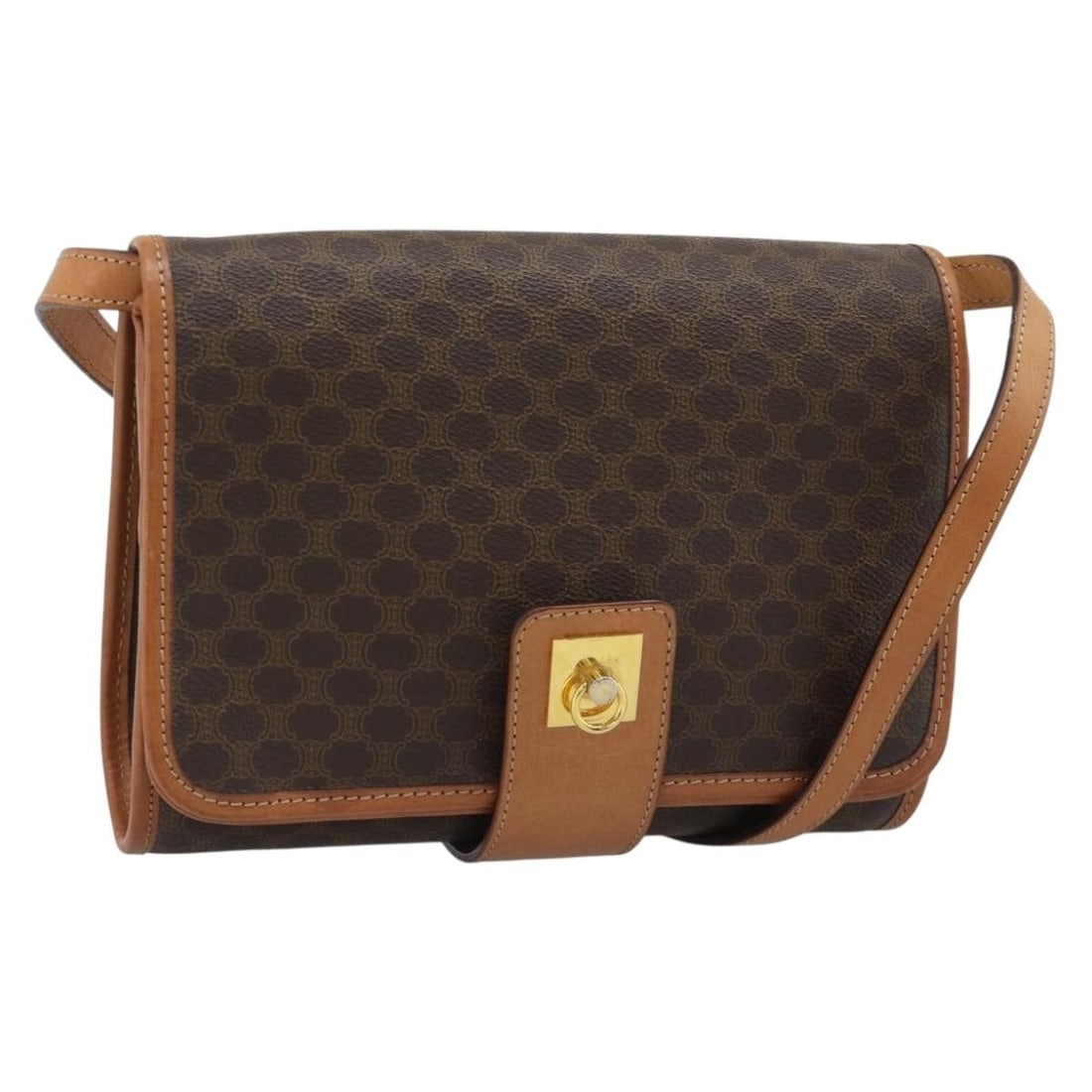 CELINE Macadam PVC Leather Shoulder Bag Brown Gold Tone: CELINE Macadam PVC Leather Shoulder Bag Brown Gold Tone Authentic CELINE Macadam shoulder bag in brown PVC leather and Macadam canvas with gold-tone accents. Made in Italy, this women's shoulder bag i